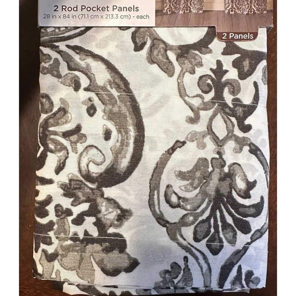 Comfort Bay Curtain Panels 28x84 Grey White Faux Silk Damask Rod‎ Pocket